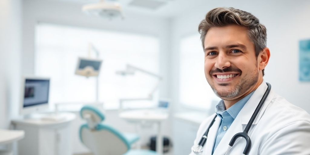 Zahnarzt lächelt in moderner Praxis