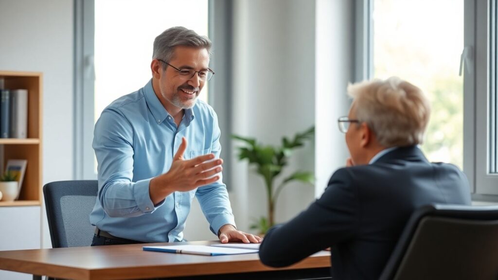 Versicherungsberater spricht mit Kunde in hellem Büro
