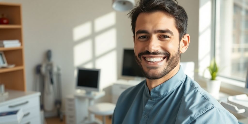 Lächelnder Zahnarzt in heller Praxis.