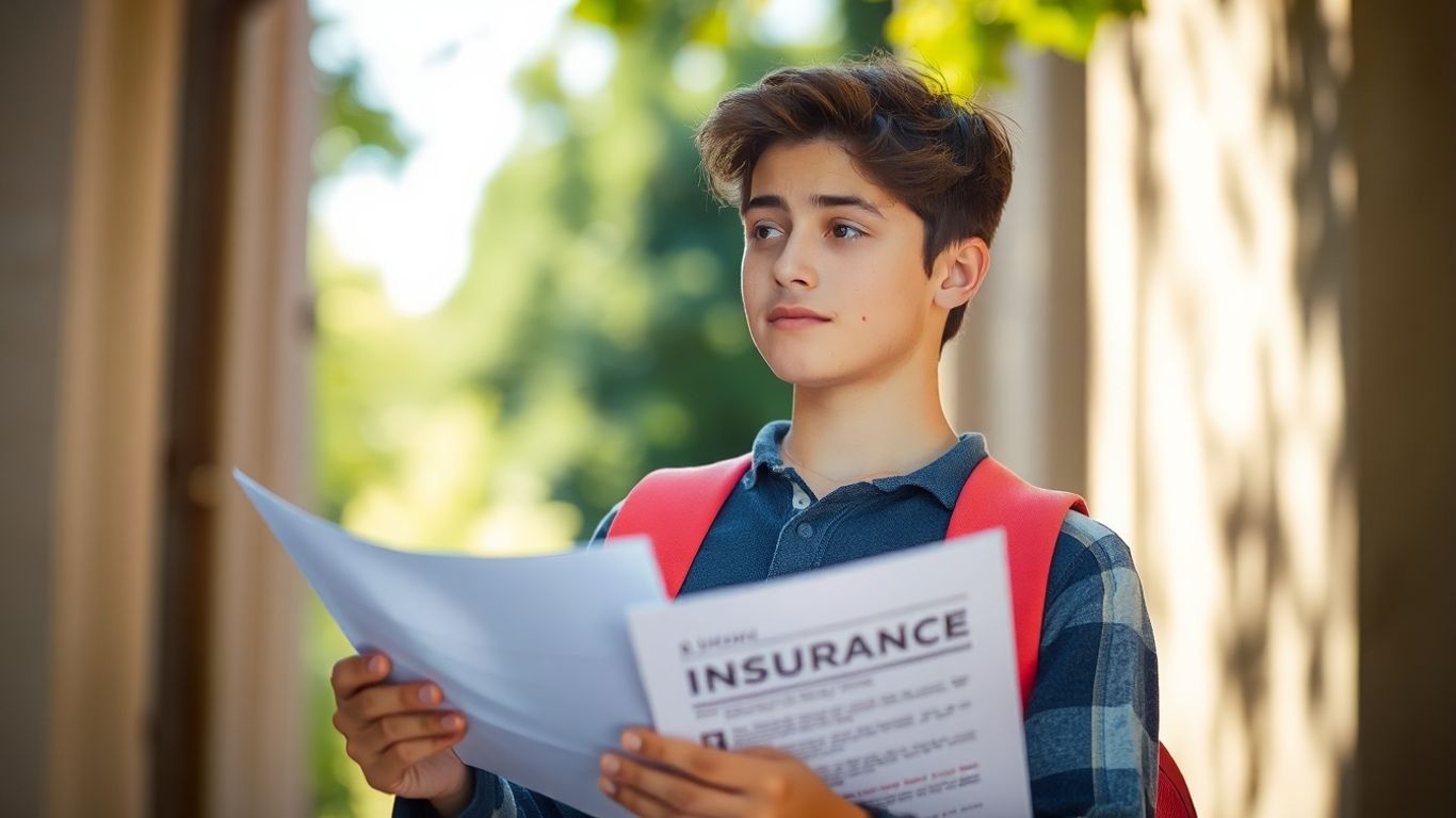 Student mit Versicherungsdokument und Sonnenlicht