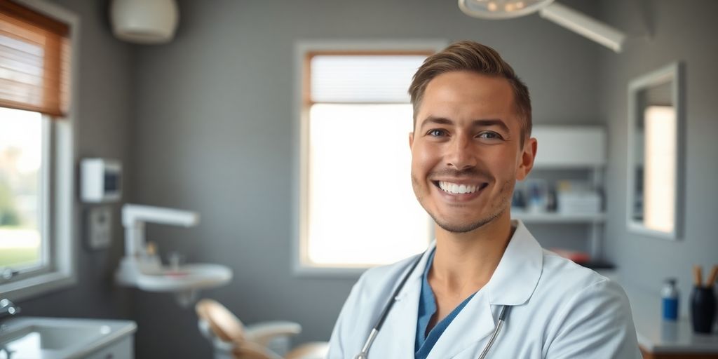 Zahnarzt lächelt in heller Praxis