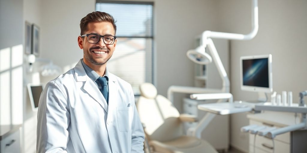 Zahnarz lächelt in heller, moderner Praxis.