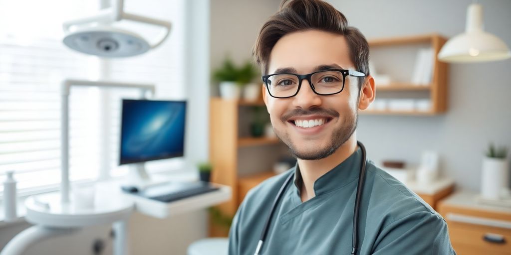 Zahnarzt lächelt in moderner Praxis.