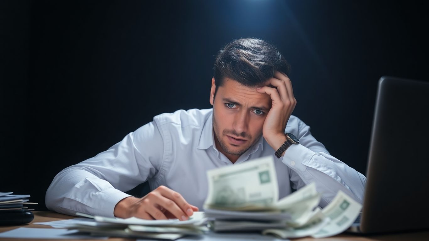 Besorgte Person sitzt am Schreibtisch mit Rechnungen.