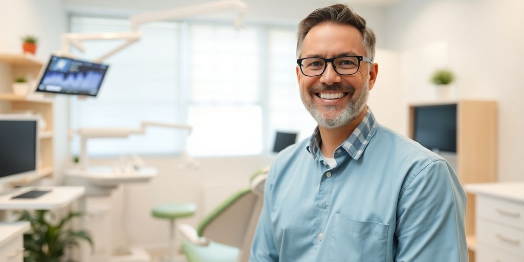 Zahnarzt lächelt in moderner Praxis.