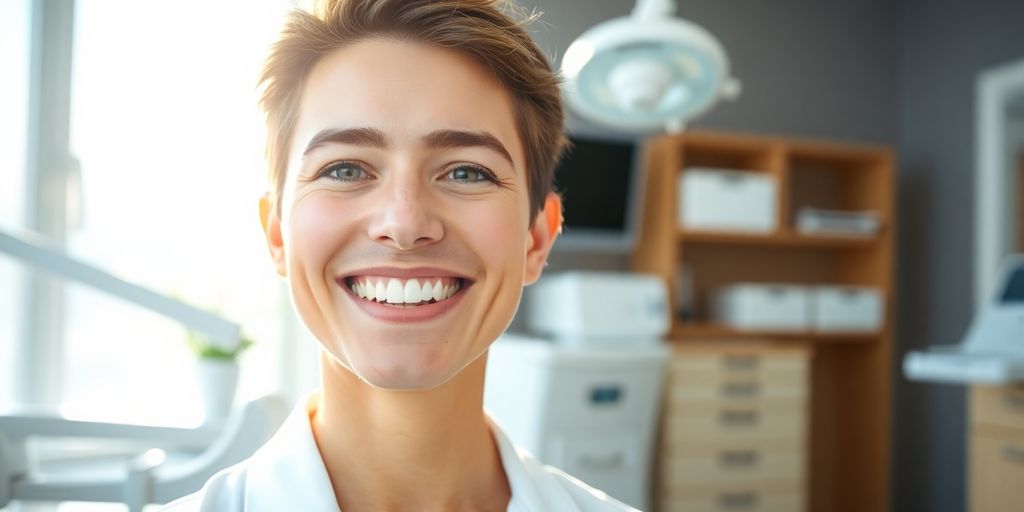 Zahnarzt lächelt in heller Praxis