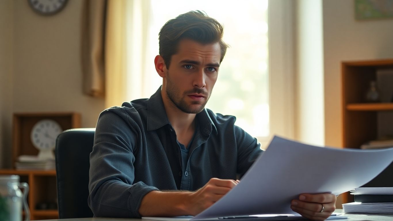 Mann am Schreibtisch mit Dokument, besorgt blickend.