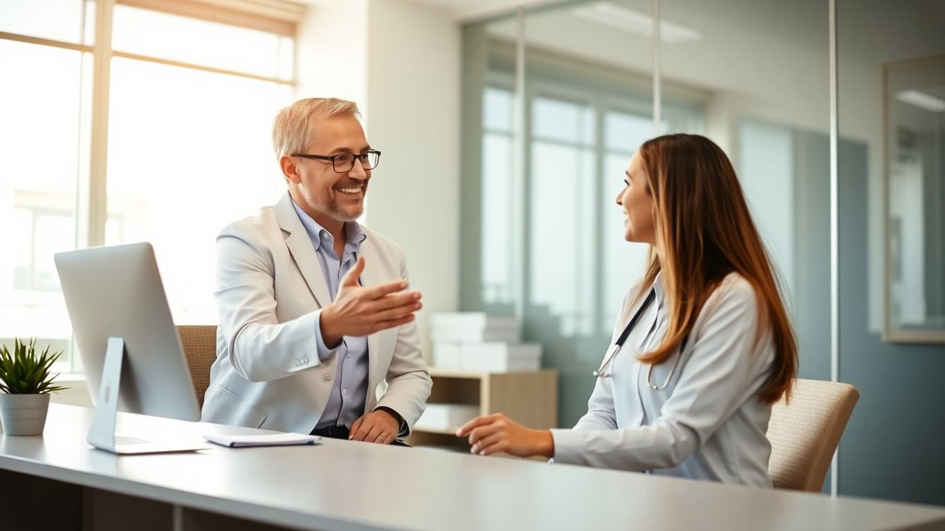 Zahnarz lächelt in einer modernen Praxis.