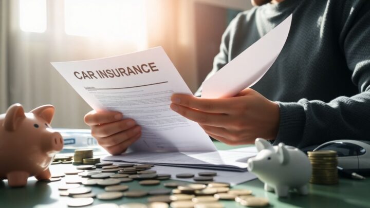 Autoversicherungspolice mit Münzen und Sparschwein.