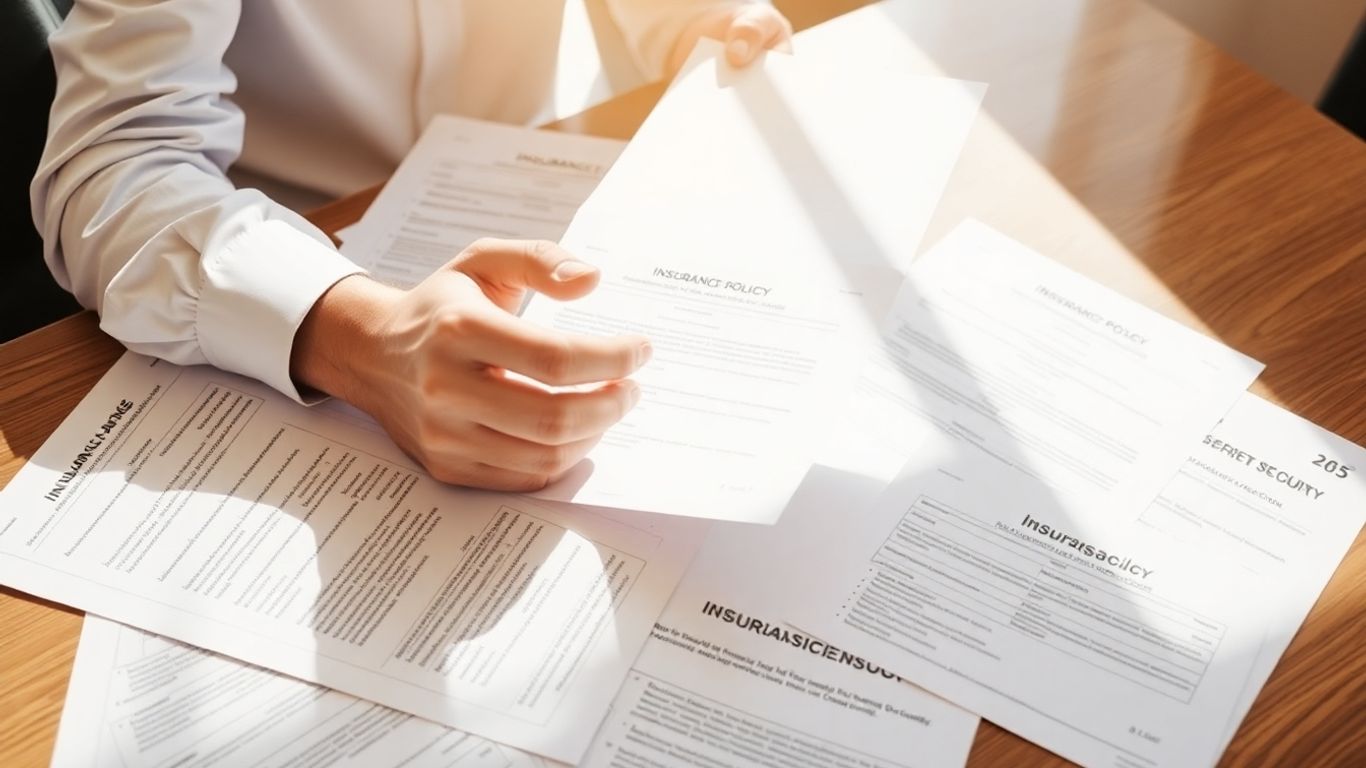 Person prüft BU Versicherungsunterlagen am Tisch.