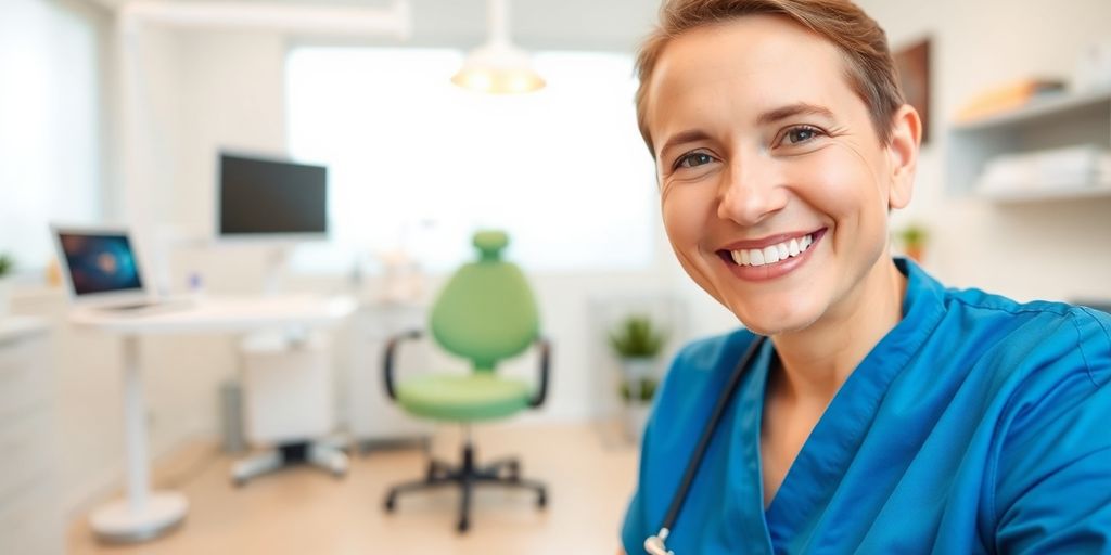 Zahnarzt lächelt glücklich in moderner Praxis.