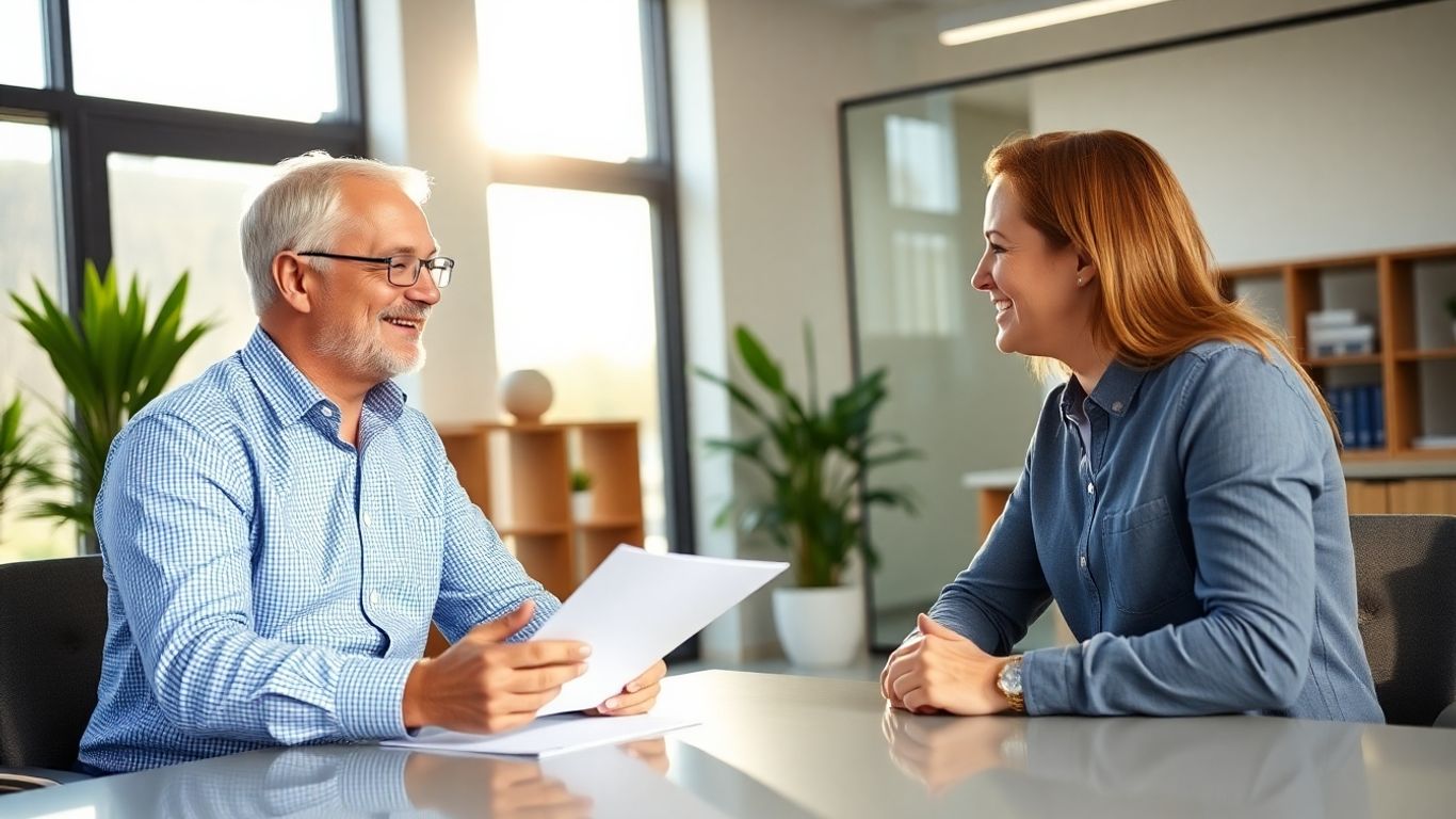 Versicherungsberater und Kunde im Gespräch im Büro.