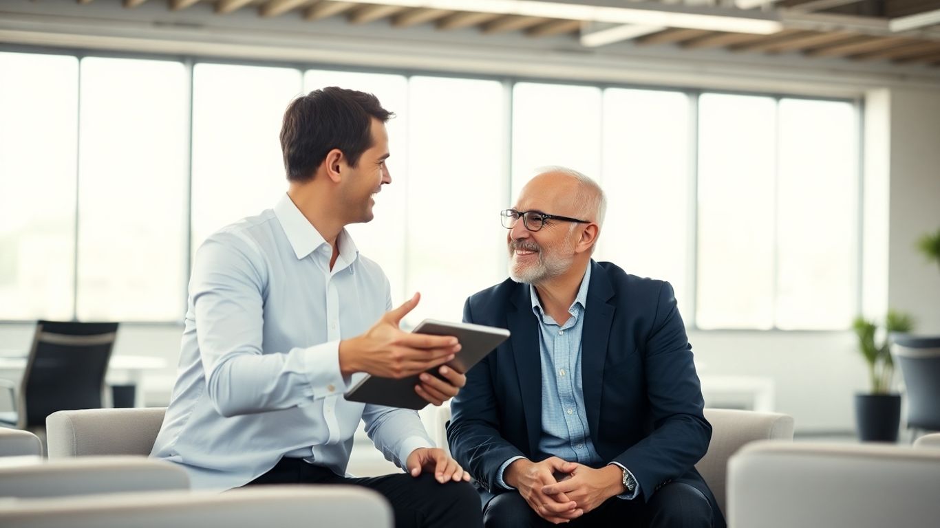 Versicherungsberater und Kunde im Gespräch im Büro.