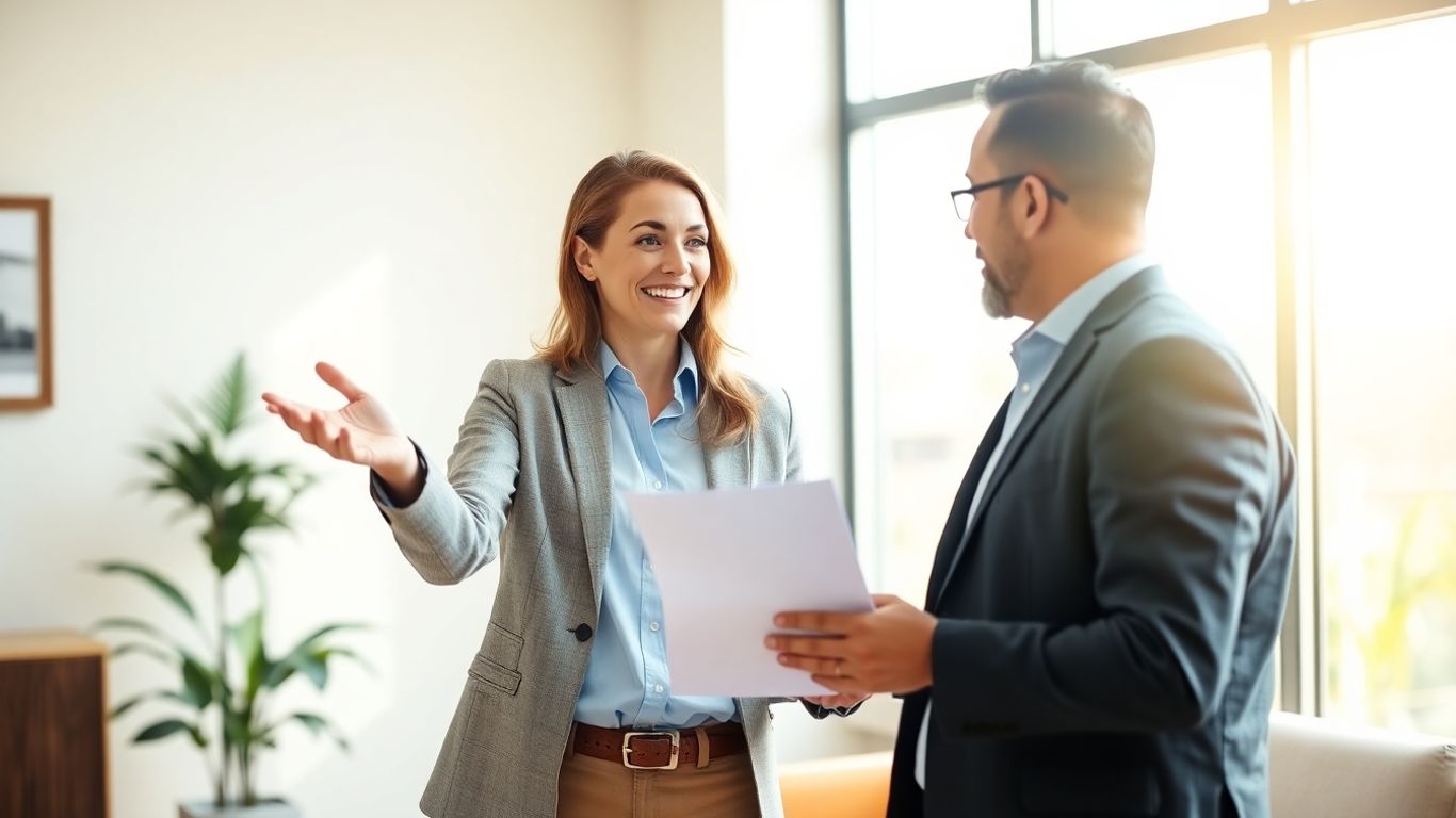 Versicherungsberater und Kunde im Gespräch im Büro.