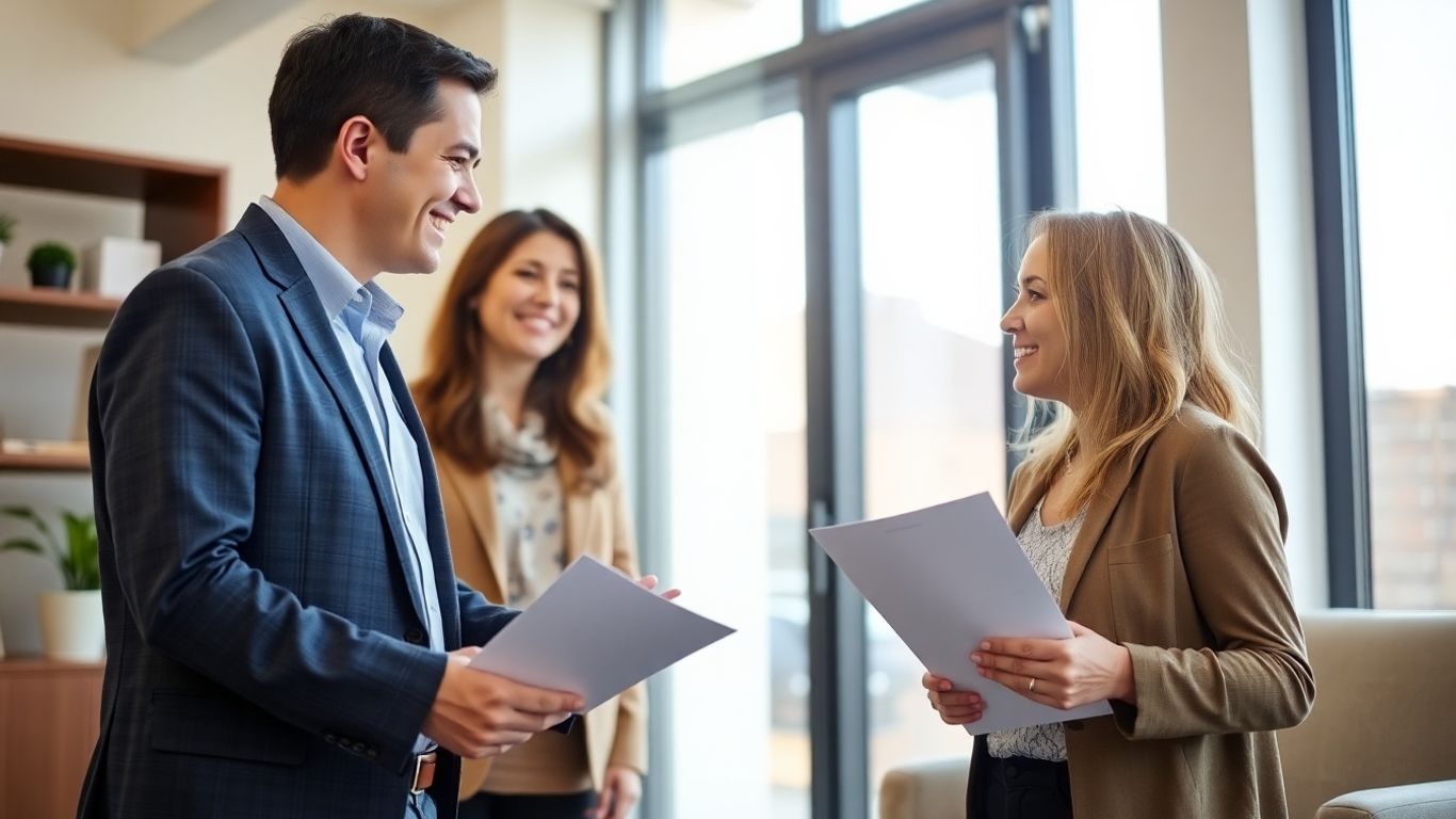 Berater und Kunde im Gespräch in einem modernen Büro.