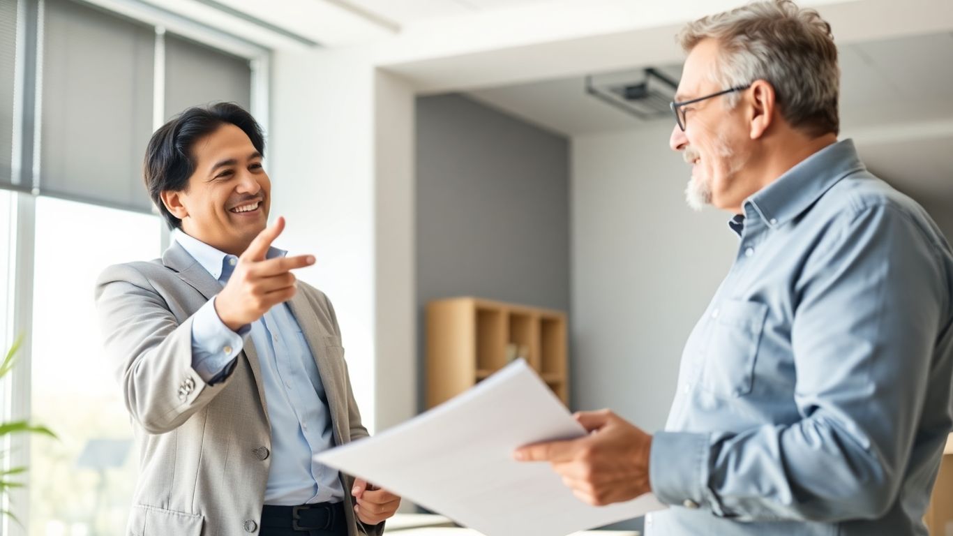 Versicherungsberater und Kunde im Gespräch im Büro.