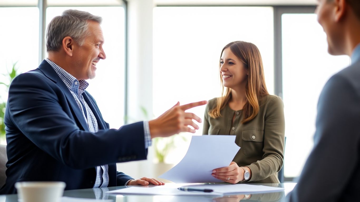 Versicherungsberater und Kunde im Gespräch im Büro.