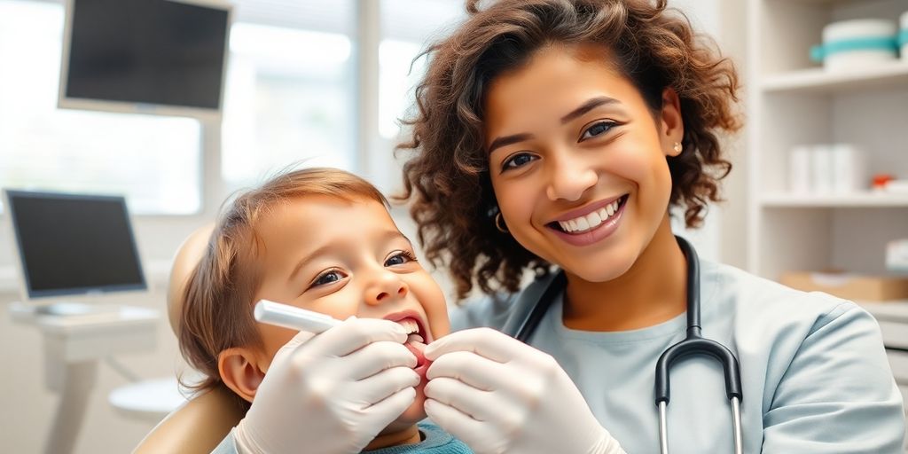 Zahnarzt mit Kind im Behandlungsstuhl.