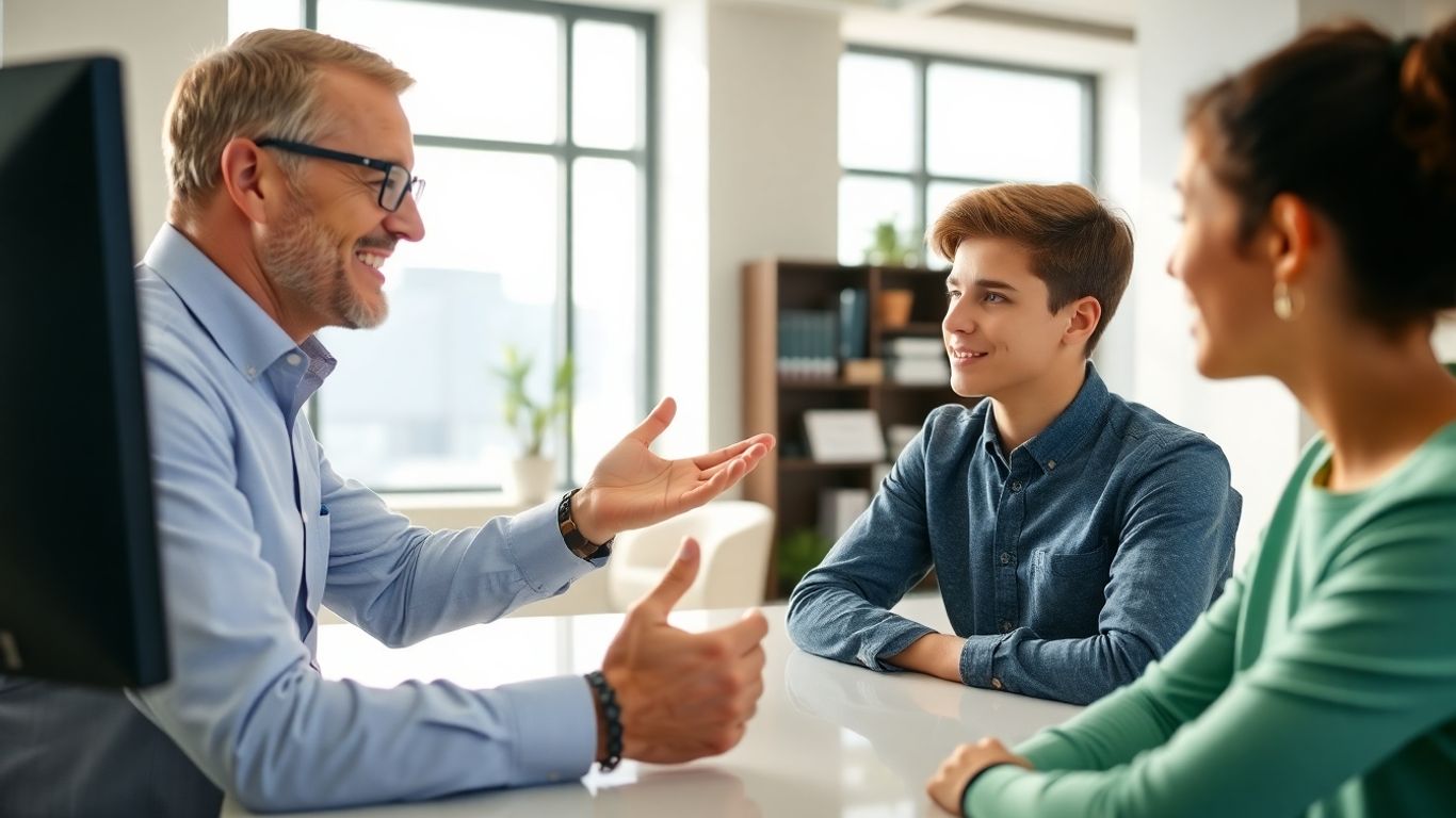 Versicherungsberater spricht mit Student im Büro