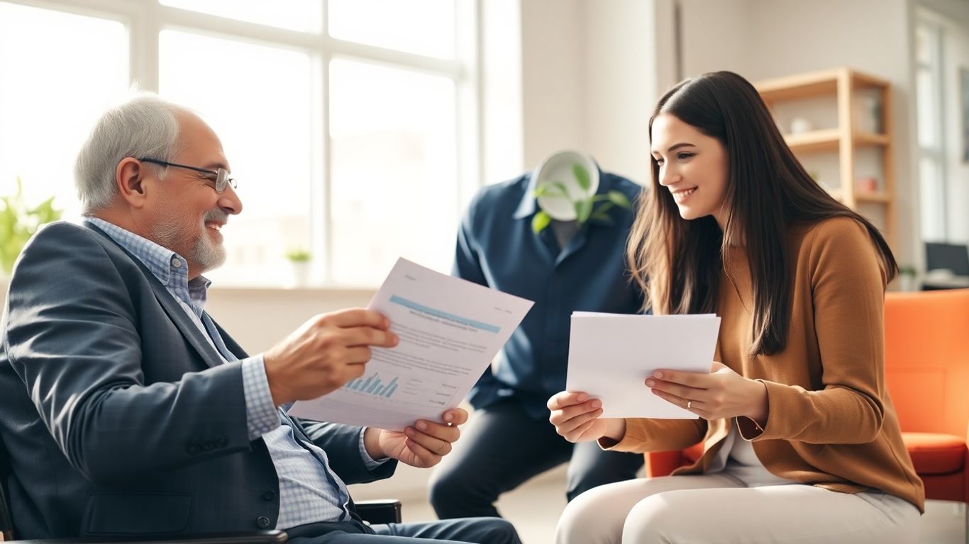 Student im Gespräch mit Versicherungsberater im Büro