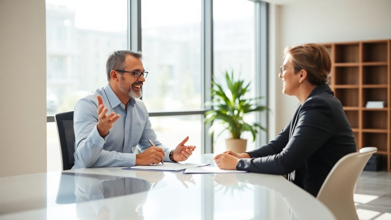Versicherungsberater und Kunde im Gespräch im Büro