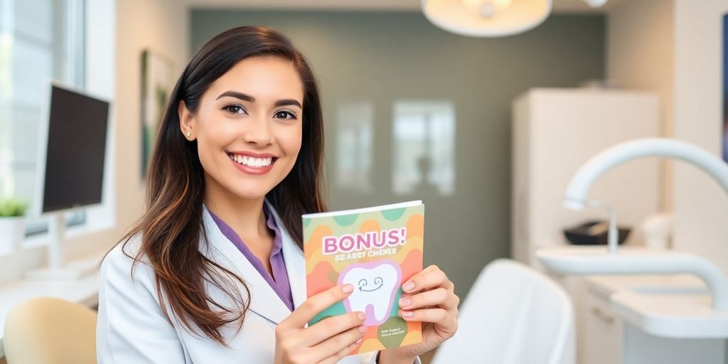 Zahnarzt lächelt in heller Praxis, Bonusheft in der Hand.