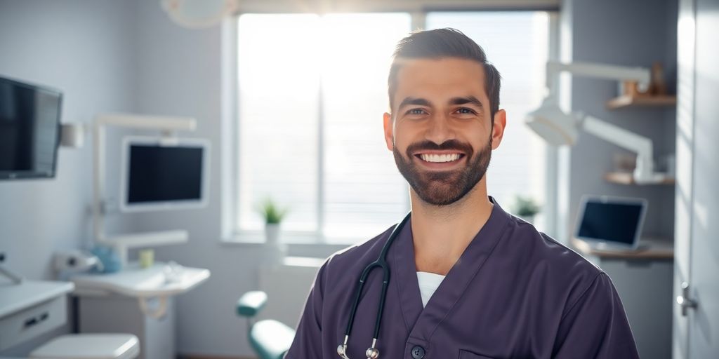 Zahnarzt lächelt in heller Praxis