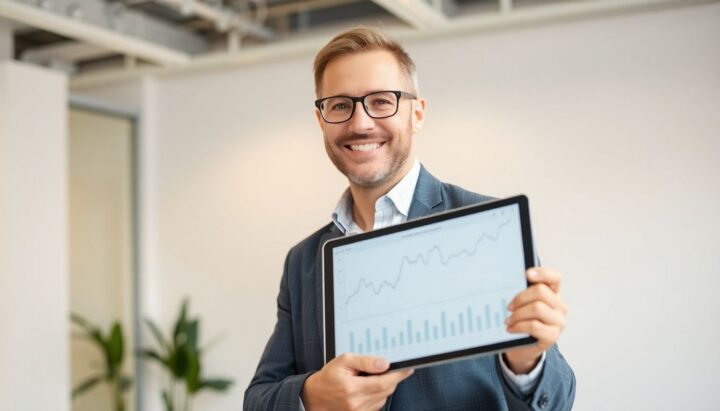 Smiling insurance broker in a bright office.