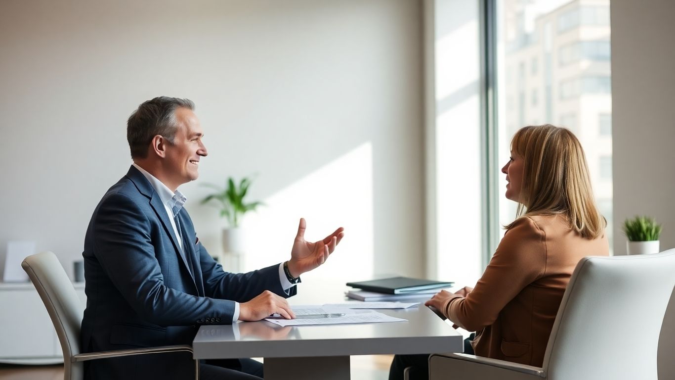 Versicherungsberater und Kunde im Gespräch im Büro