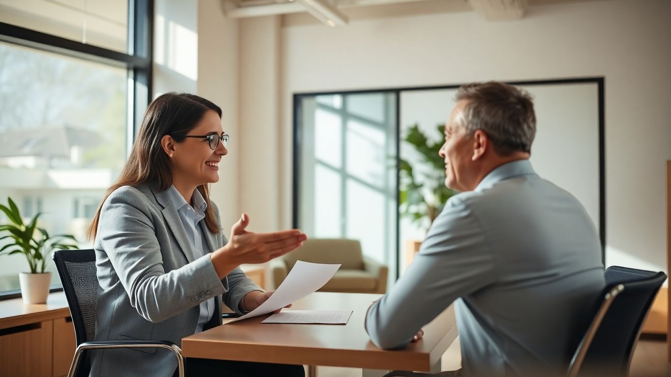 Versicherungsberater und Kunde im Gespräch im Büro.