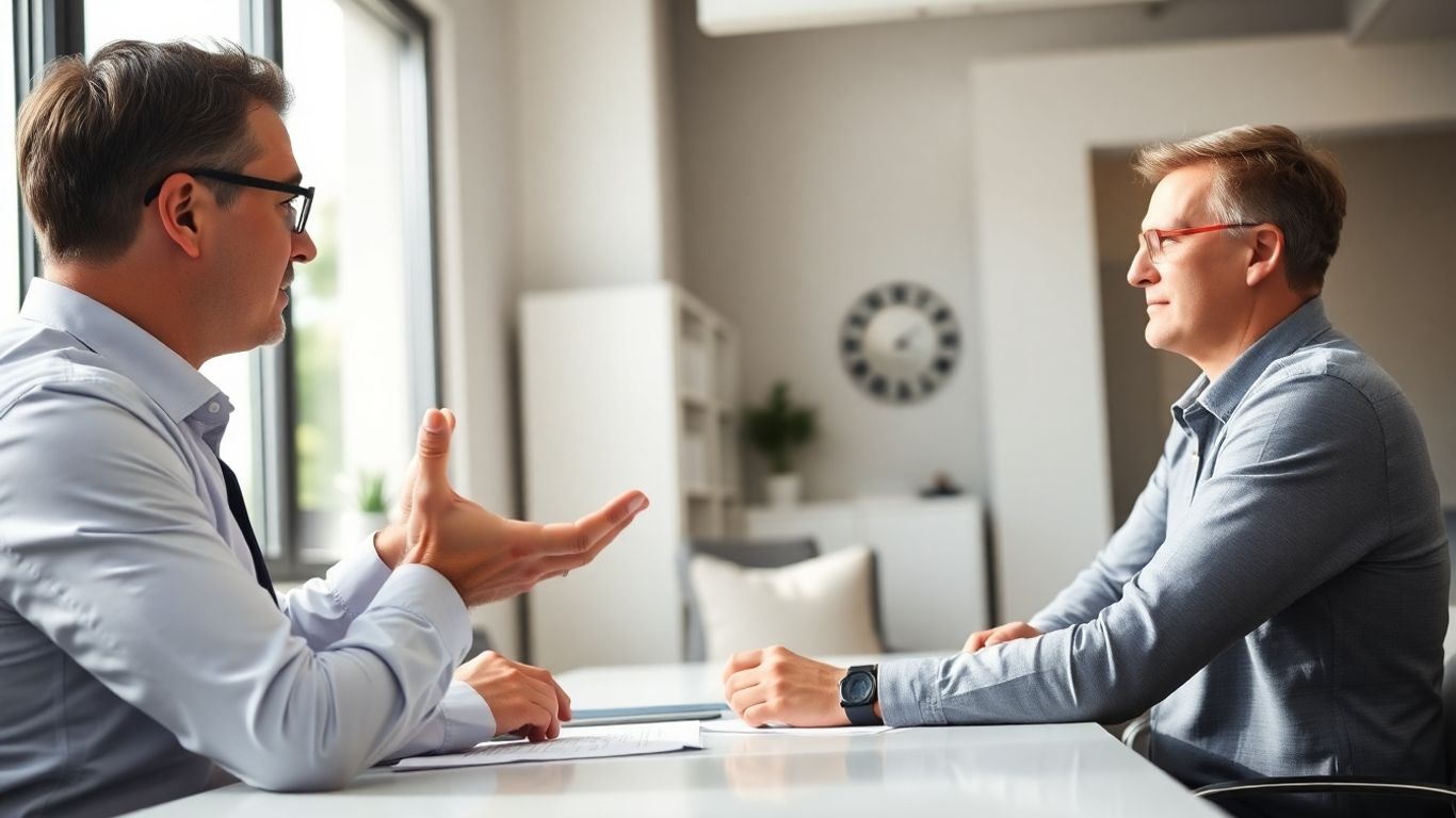 Versicherungsberater und Kunde im Gespräch im Büro