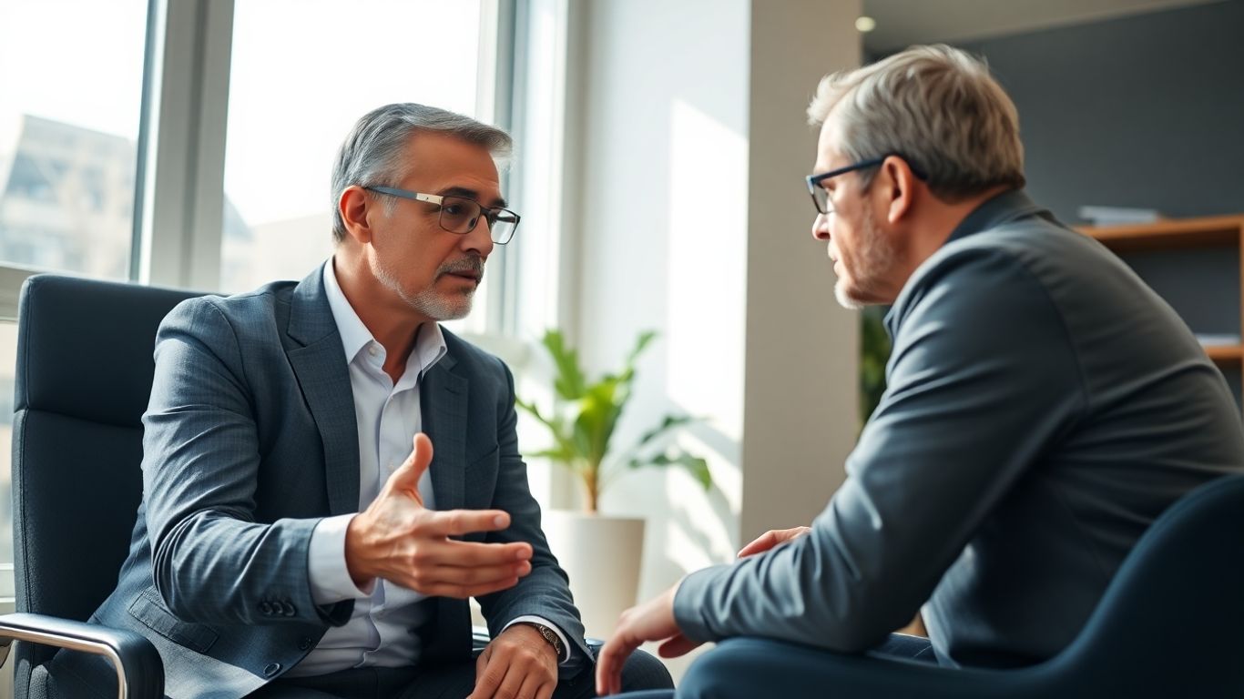 Beratungsgespräch zwischen Versicherungsberater und Kunde im Büro.