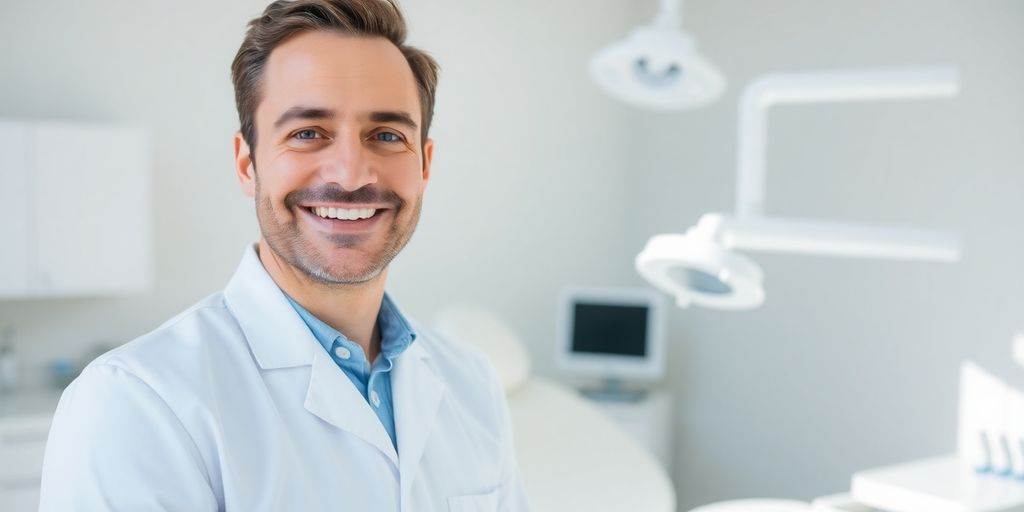 Zahnarzt lächelt in heller Praxis