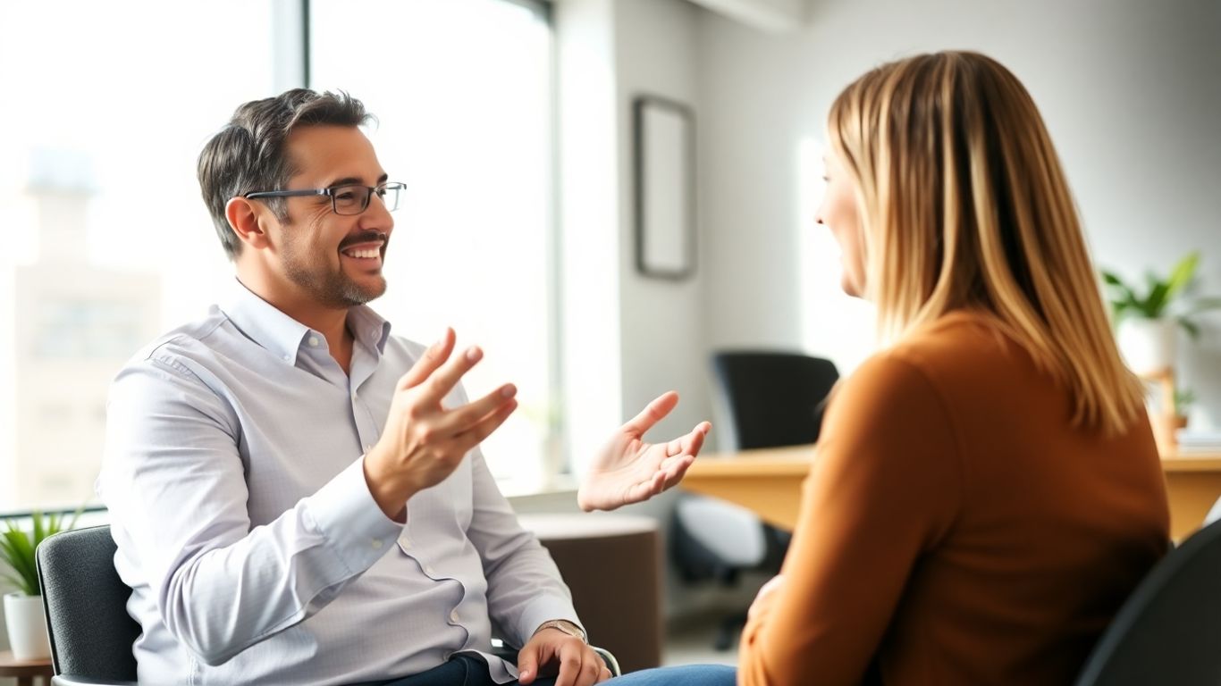 Versicherungsberater und Kunde im Gespräch im Büro.