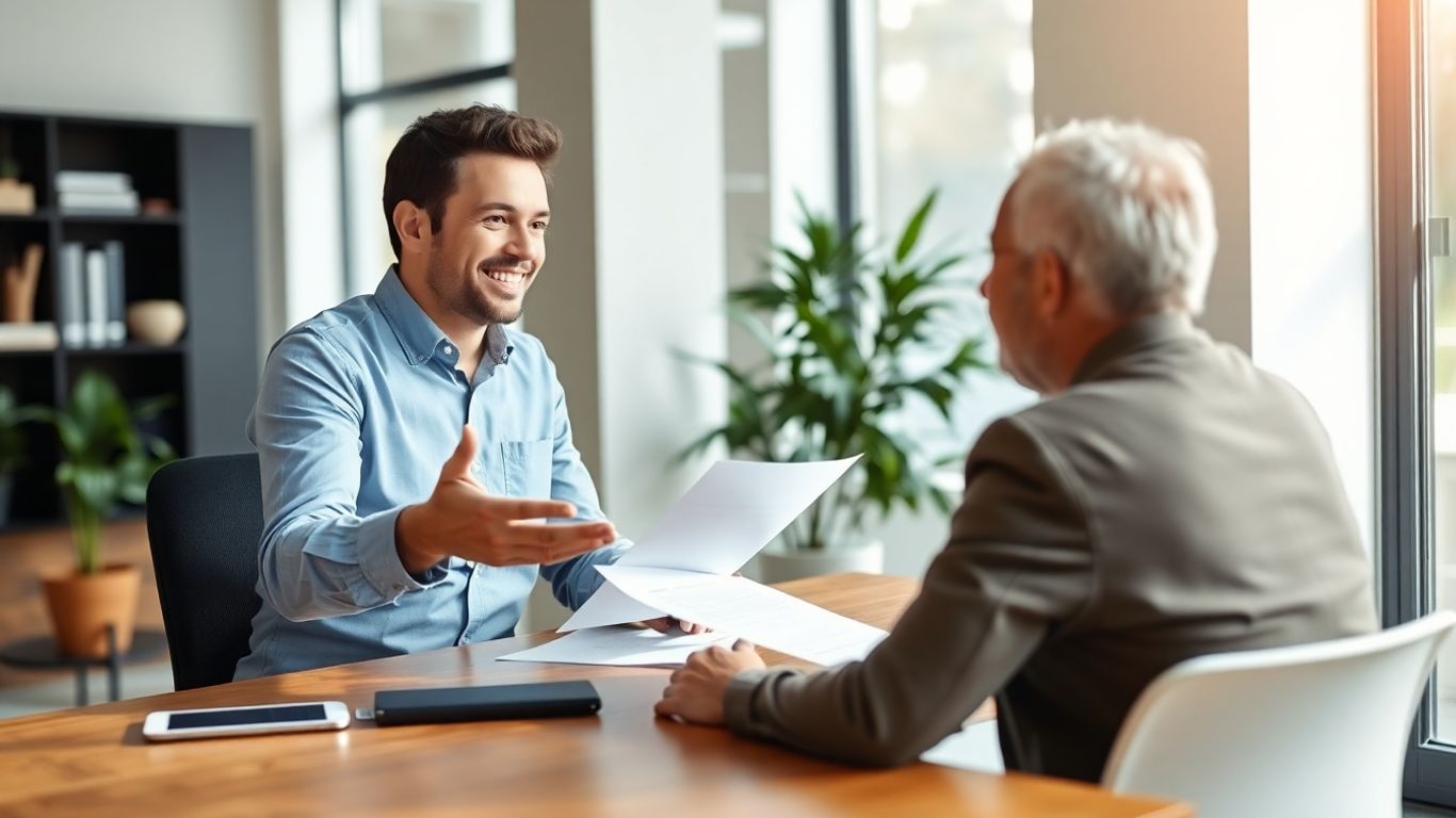 Versicherungsberater und Kunde im Gespräch im Büro