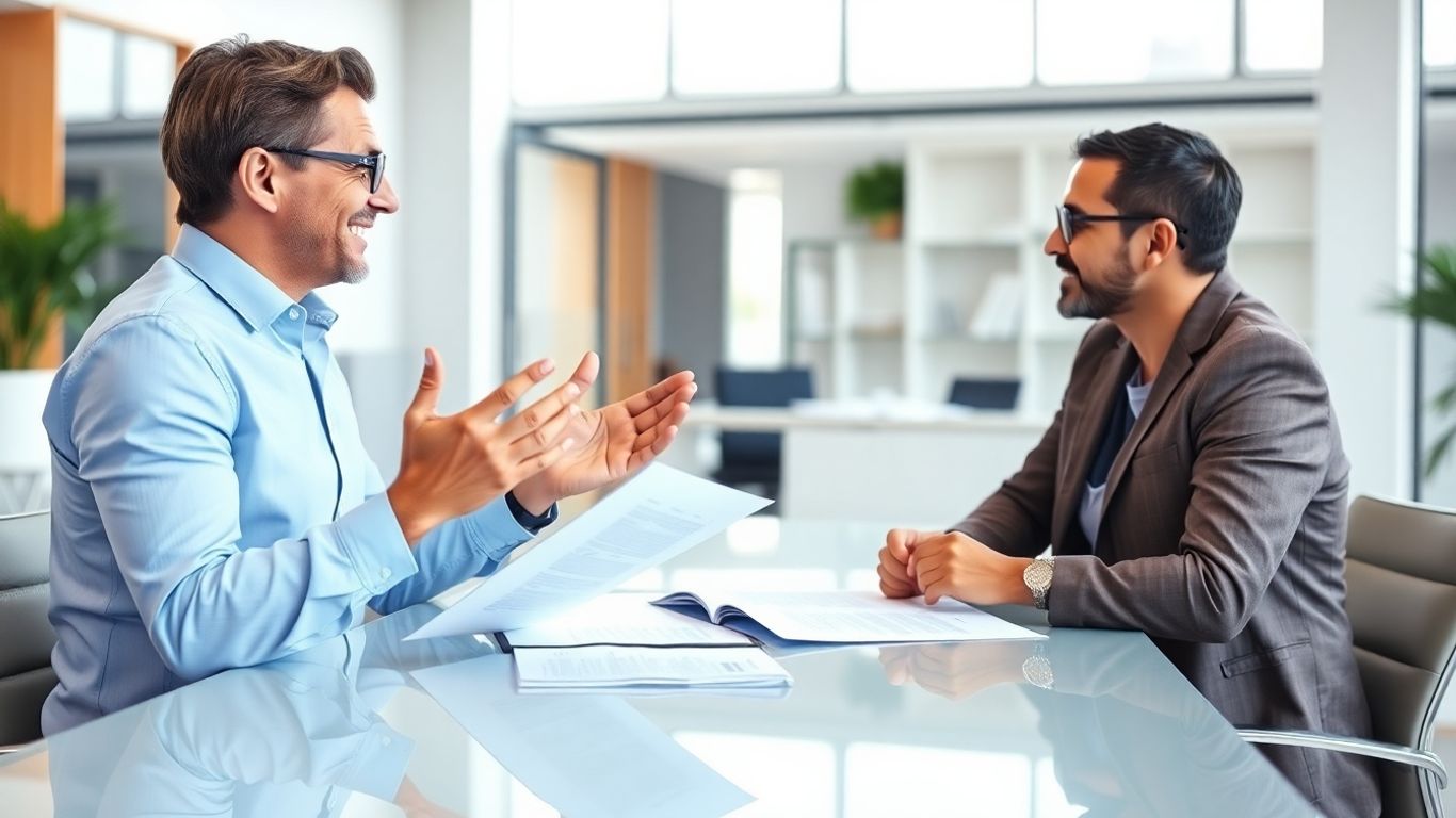Versicherungsberater und Kunde im Gespräch im Büro