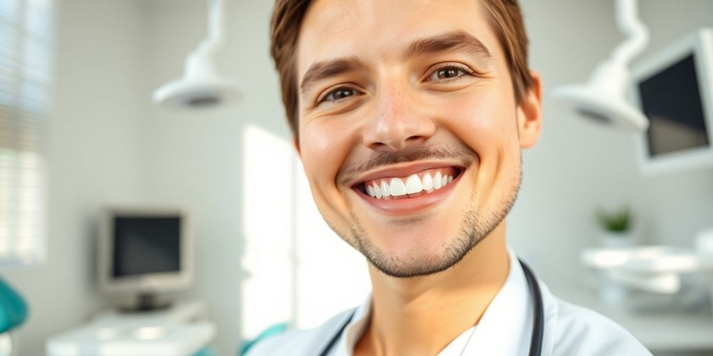 Zahnarzt lächelt in heller Praxis