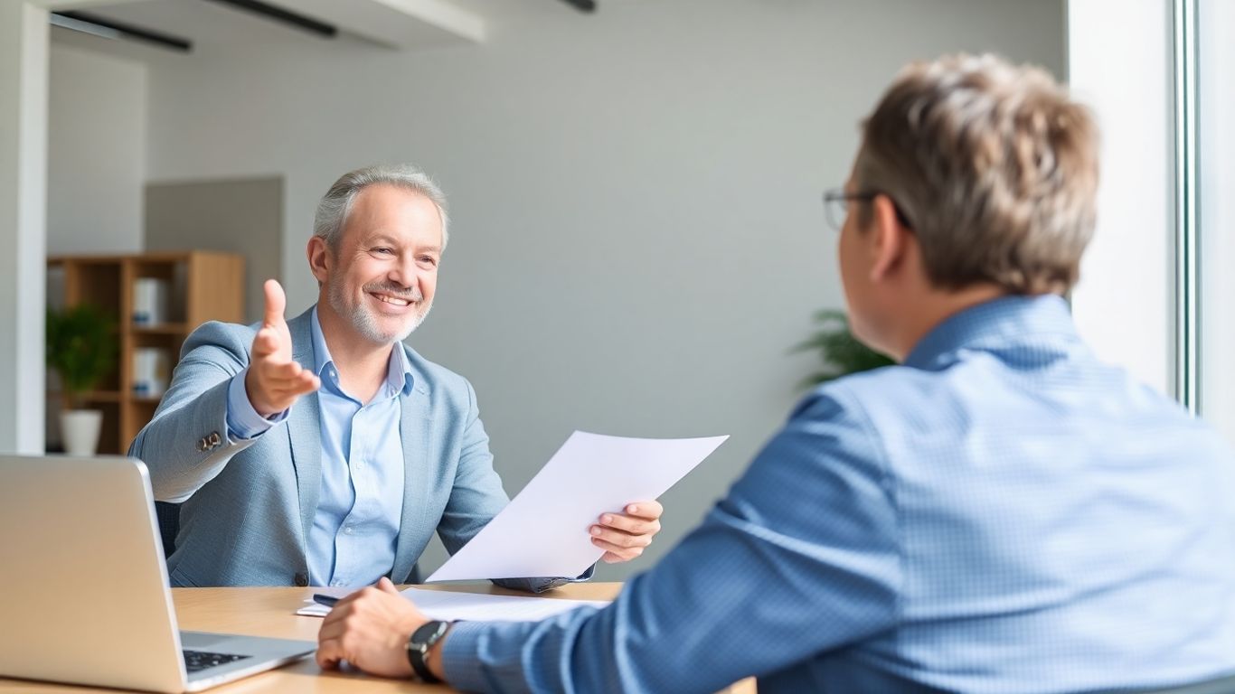 Versicherungsberater und Kunde im Gespräch im Büro.