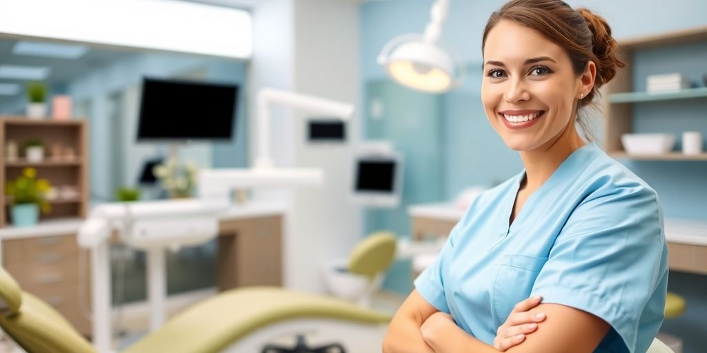 Zahnarzt lächelt in heller Praxis