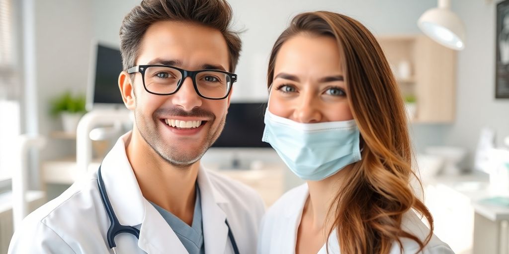 Zahnarzt lächelt in heller Praxis