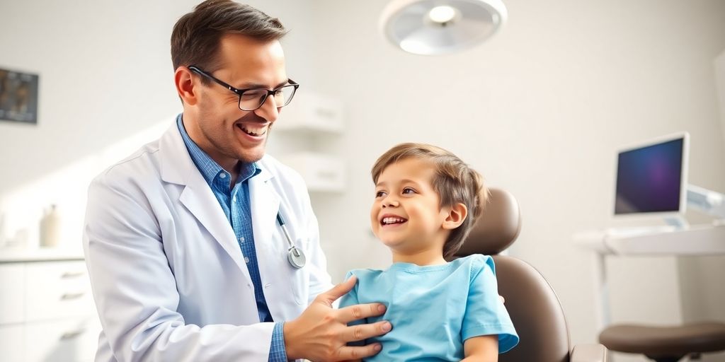 Zahnarzt lächelt in heller Praxis mit Kind