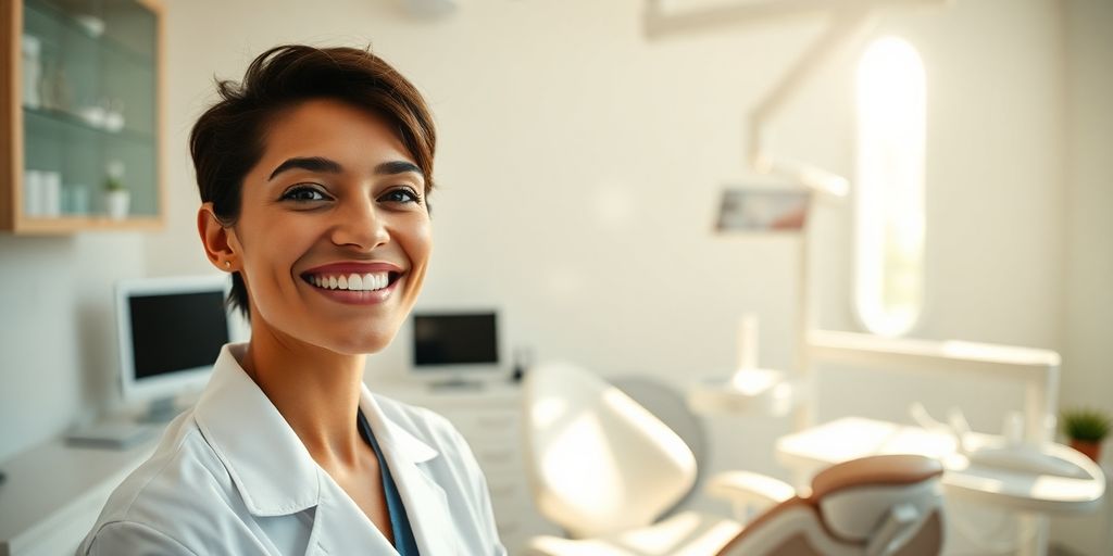 Zahnarzt lächelt in heller Praxis