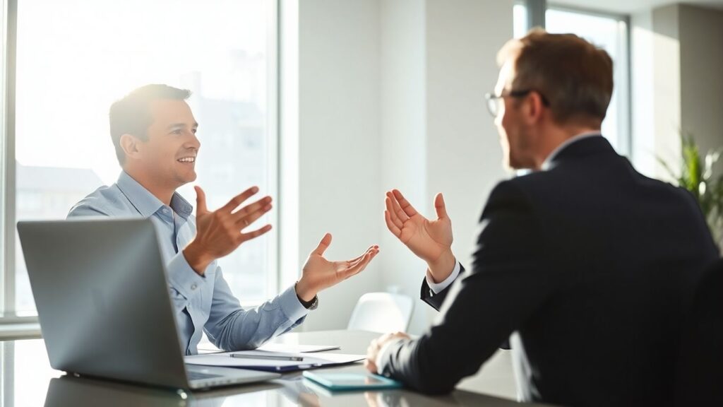 Versicherungsberater und Kunde im Gespräch im Büro