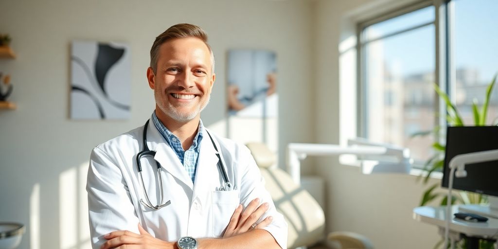 Zahnarzt lächelt in heller Praxis