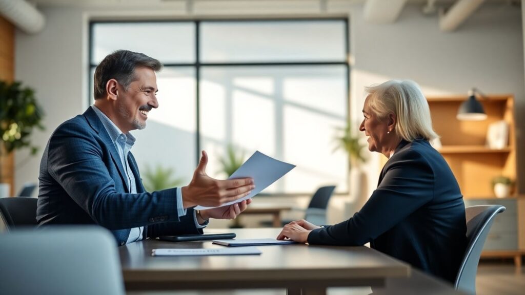 Versicherungsberater und Kunde im Gespräch im Büro.