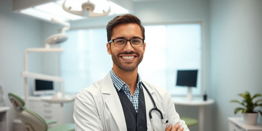 Zahnarzt lächelt in heller Praxis