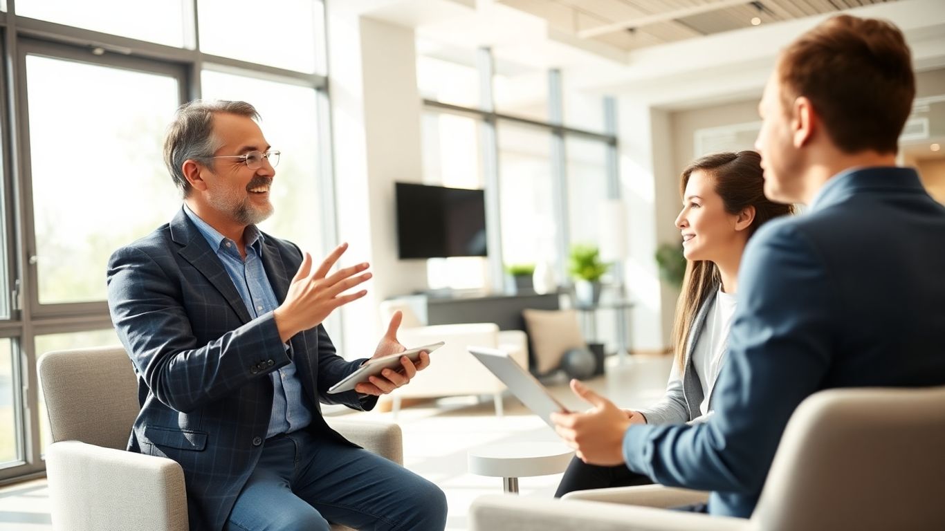 Student spricht mit Versicherungsberater im Büro