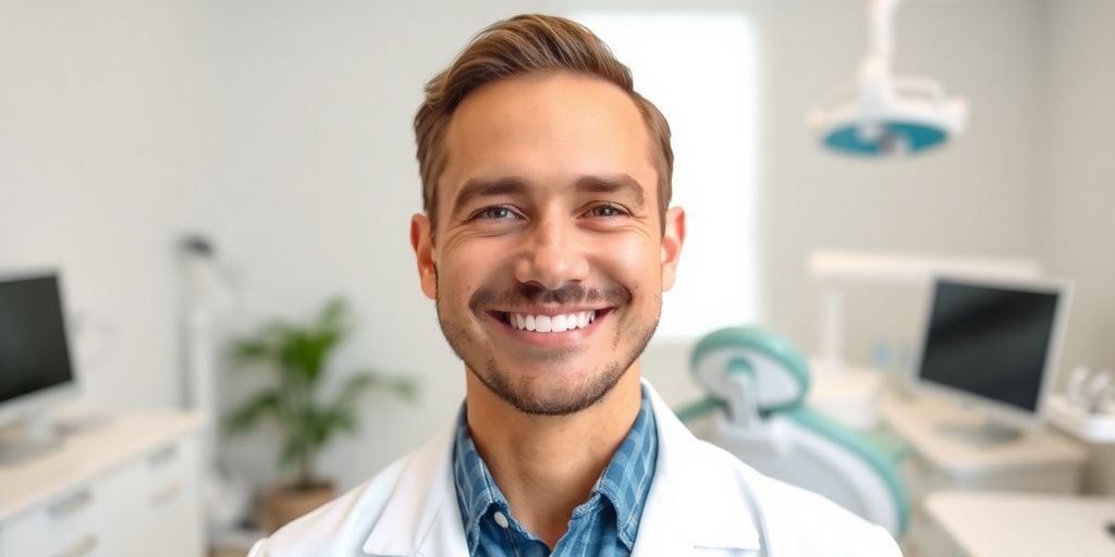 Zahnarzt lächelt in heller Praxis.