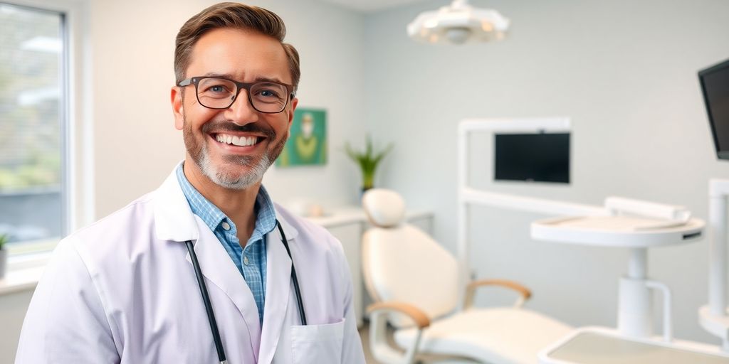 Zahnarzt lächelt in heller, moderner Praxis.