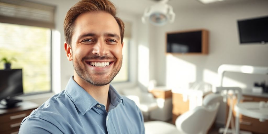 Zahnarzt lächelt in heller Praxis